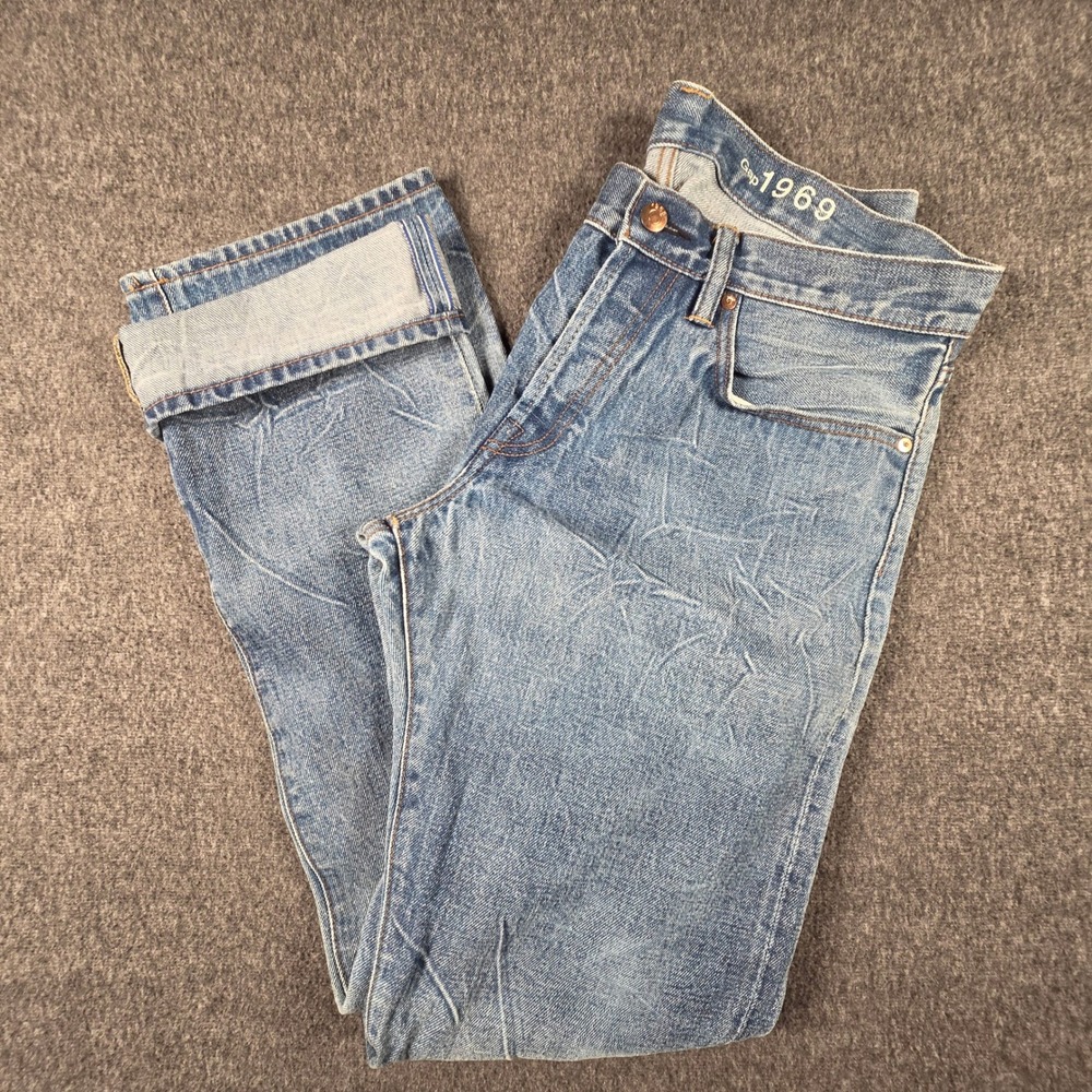 Gap 1969 Straight Selvedge Jeans Mens 34x34 Light Wash Resin Denim Button Fly